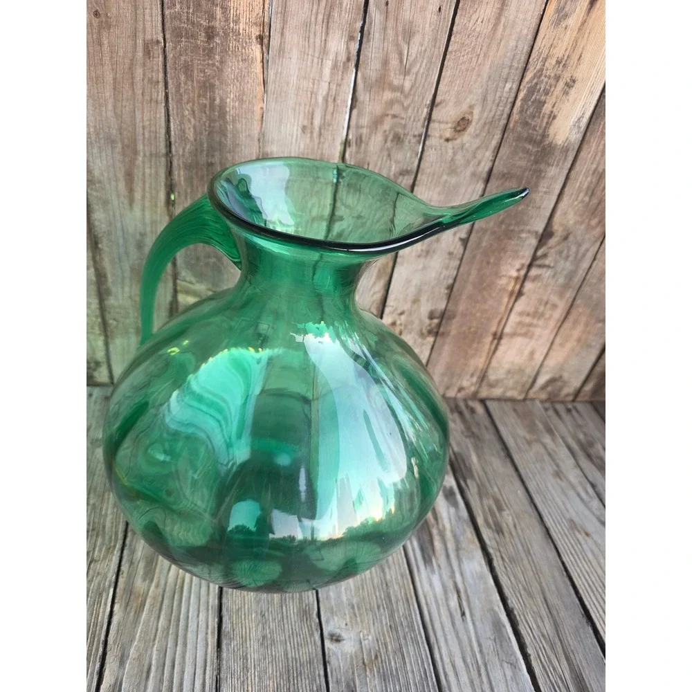 Vintage Emerald Green Hand Blown Glass Pitcher Optic Rib Mid Century Modern 15